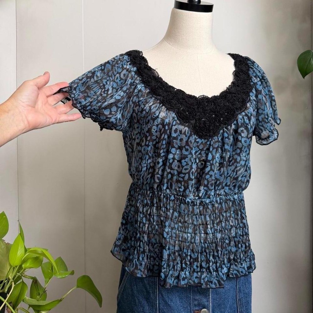 XOXO Y2K Blue Black Leopard Print Floral Trim Sheer Blouse Babydoll Top Small
